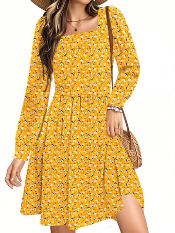 UVN Dresses for Women Fall Long Sleeve Square Neck Dress Boho Floral Print Midi Dresses with Pockets