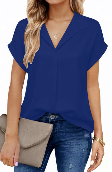 UVN Blouses for Women Summer Short Sleeve Work Shirts Dressy Casual V Neck Print Tops