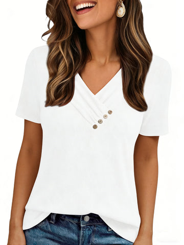 UVN Blouses for Women Summer Short Sleeve V Neck Button Shirts Dressy Casual Business Tunic Tops
