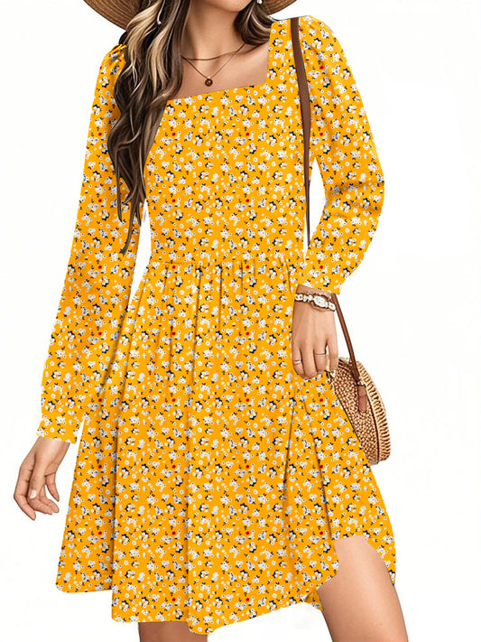 UVN Dresses for Women Fall Long Sleeve Square Neck Dress Boho Floral Print Midi Dresses with Pockets