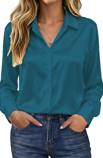 UVN Shirts for Women Long Sleeve Satin Blouses Button Down Ladies Casual Top