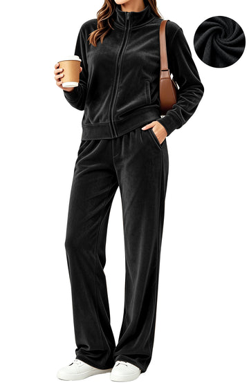 UVN Velour Outfit Set for Women 2 Piece Lounge Sets Casual Full Zip Top and Wide Leg Pants Ladies Fall Tracksuit with Pocket