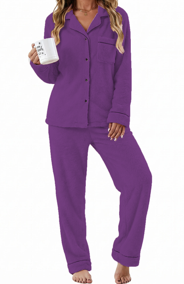 UVN Fuzzy Womens Pajama Winter 2 Piece Button up Loungewear Set for Women Long Sleeve Top and Long Pant Fleece Sleepwear with Pockets