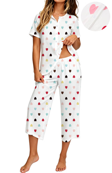 UVN Womens Pajama Sets Short Sleeve Button Down Tops and Capri Pants 2 Piece Outfit Soft Pjs Sleepwear Loungewear with Pockets