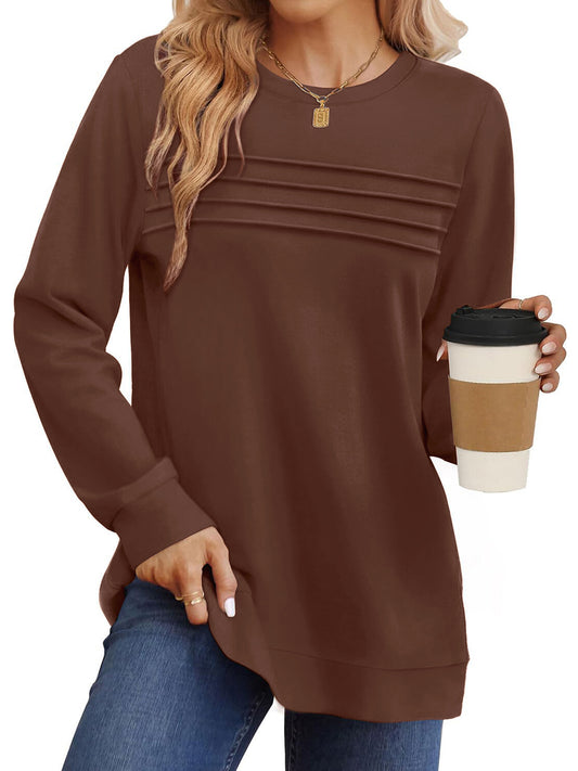 UVN Sweatshirts for Women Casual Long Sleeve Shirts Loose Fit Pleated Front Crewneck Tunic Tops