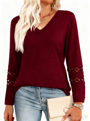 UVN Fall Blouses for Women Long Sleeve V Neck Tunic Tops Casual Hollow Out Curved Hem Dressy Shirts