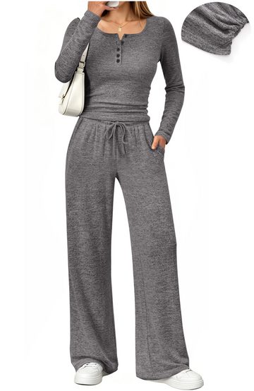 UVN Two Piece Sets for Women Fall Long Sleeve Ruched Tops and Wide Leg Pants Outfits Ladies Fashion Casual Lounge Sets