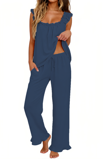 UVN Pajamas for Women 2 Piece Ruffle Strap Tops and Drawstring Long Pants Ladies Casual Sleepwear Lounge Pajama Sets with Pockets