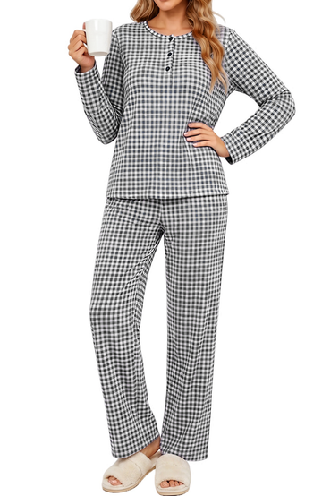 UVN Fall Pajamas for Women Plaid Henley Collar Long Sleeve Top and Wide Leg Pant Ladies Gingham Sleepwear with Pockets