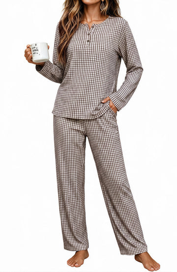 UVN Fall Cotton Two Piece Pajamas for Women Plaid Henley Collar Long Sleeve Top and Wide Leg Pant Ladies Sleepwear Casual Lounge Sets