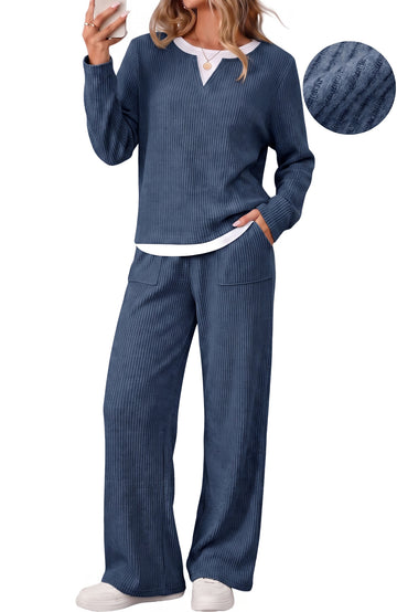 UVN Fall Matching Set for Women Color Block Tops and Wide Leg Pants Ladies Sweatsuit Casual 2 Peice Set