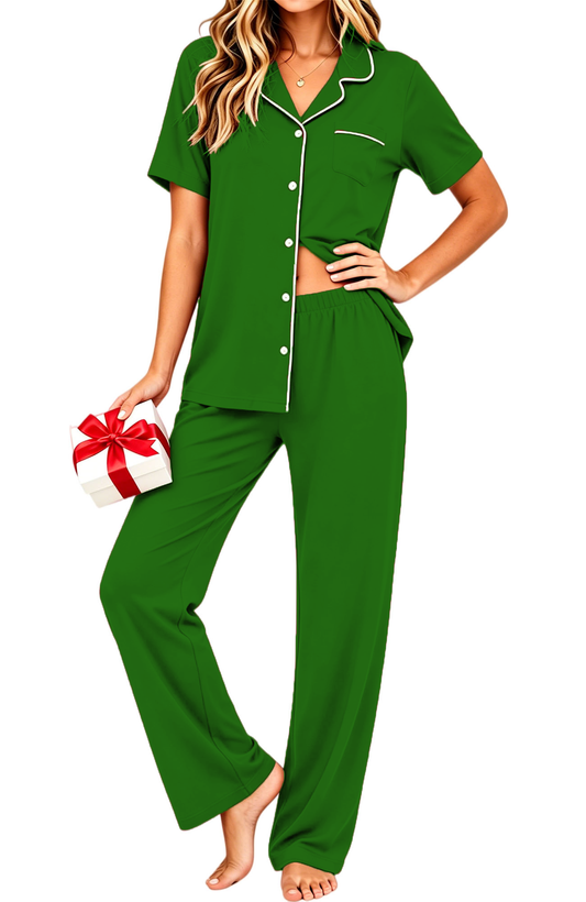 UVN Fall 2 Piece Pajamas for Women Short Sleeve Top and Long Pant Casual Button up Sleepwear Ladies Matching Set