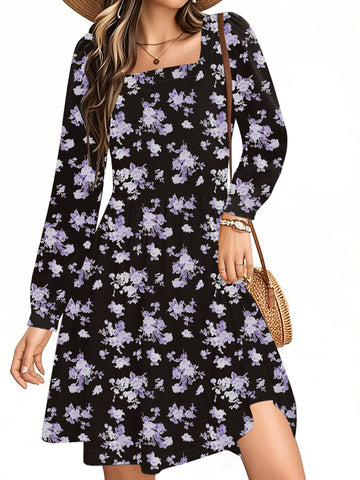 UVN Dresses for Women Fall Long Sleeve Square Neck Dress Boho Floral Print Midi Dresses with Pockets