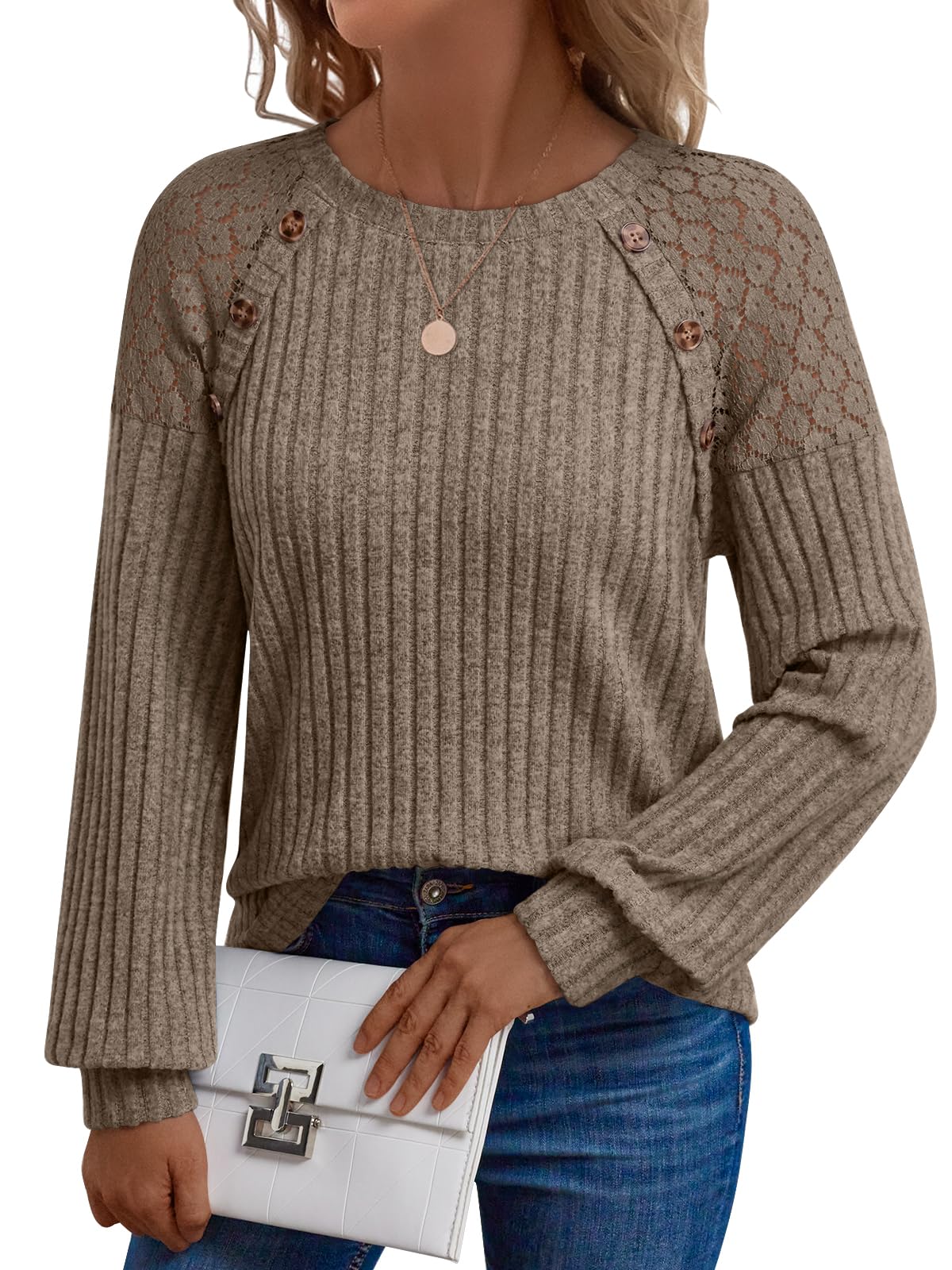UVN Blouses for Women Casual Long Sleeve Shirts Dressy Hollow Out Lace Button Tops Fall Lightweight Pullover
