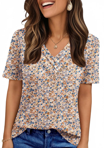 UVN Blouses for Women Summer Short Sleeve V Neck Button Shirts Dressy Casual Business Tunic Tops