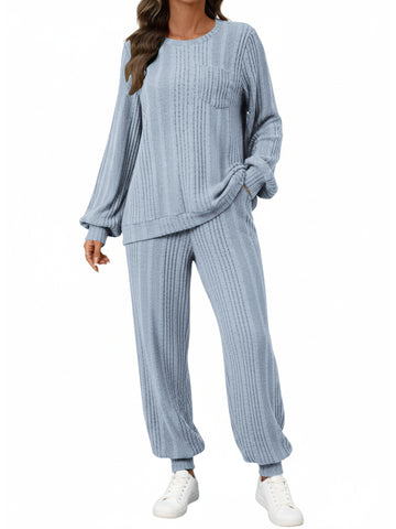 UVN Two Piece Sets for Women Casual Outfits Sets Textured Long Sleeve Shirts and Long Pants Lounge Set Fall Pajama Sets with Pockets