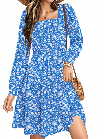 UVN Dresses for Women Fall Long Sleeve Square Neck Dress Boho Floral Print Midi Dresses with Pockets