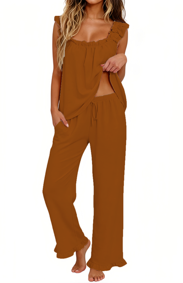 UVN Pajamas for Women 2 Piece Ruffle Strap Tops and Long Pants Ladies Casual Sleepwear Fall Lounge Pajama Sets