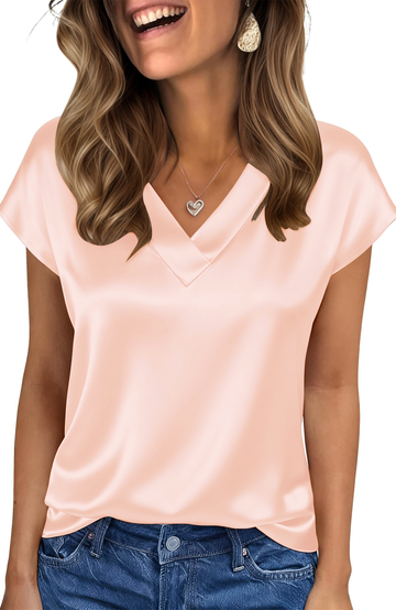 UVN Women Tops Summer Cap Short Sleeve Blouses Ladies V Neck Silk Satin Business Casual Shirts