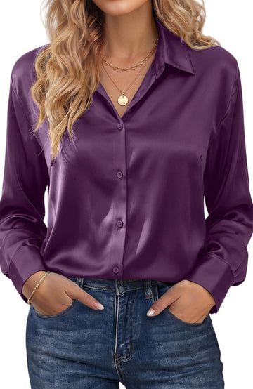 UVN Shirts for Women Long Sleeve Satin Blouses Button Down Ladies Casual Top