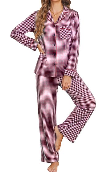 UVN Womens 2 Piece Pajama Set Fall Gingham Button up Top and Long Pant Casual Ladies Plaid Loungewear Set with Pockets