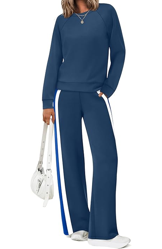 UVN Fall 2 Piece Outfit Set for Women Long Sleeve Top and Color Block Pants Ladies Casual Lounge Matching Set