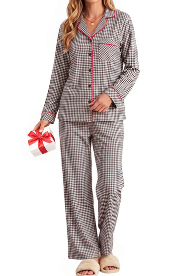 UVN Womens Cotton 2 Piece Pajama Set Fall Gingham Button up Top and Long Pant Casual Ladies Plaid Loungewear