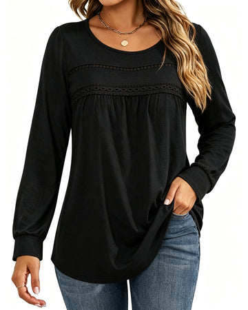 UVN Blouses for Women Long Sleeve Crochet Ladies Lace Shirts Crew Neck Dressy Casual Tops