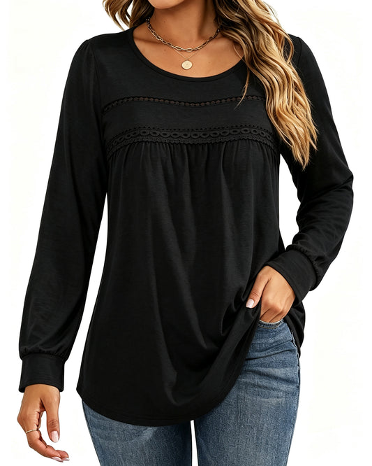 UVN Blouses for Women Long Sleeve Crochet Ladies Lace Shirts Crew Neck Dressy Casual Tops