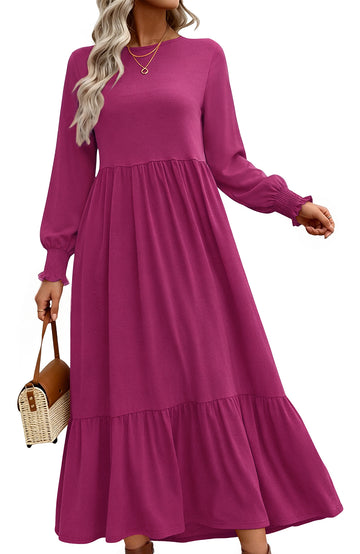 UVN Fall Long Dress for Women Crewneck Casual Long Sleeve Pleated Dresses with Pockets