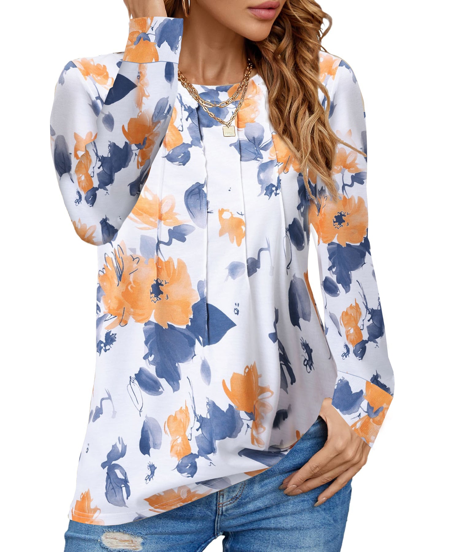 UVN Blouses for Women Long Sleeve Shirts Casual Dressy Pleated Tunic Tops