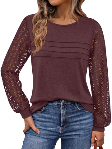 UVN Blouses for Women Dressy Lace Pleated Tunic Tops Casual Long Sleeve Fall Shirts