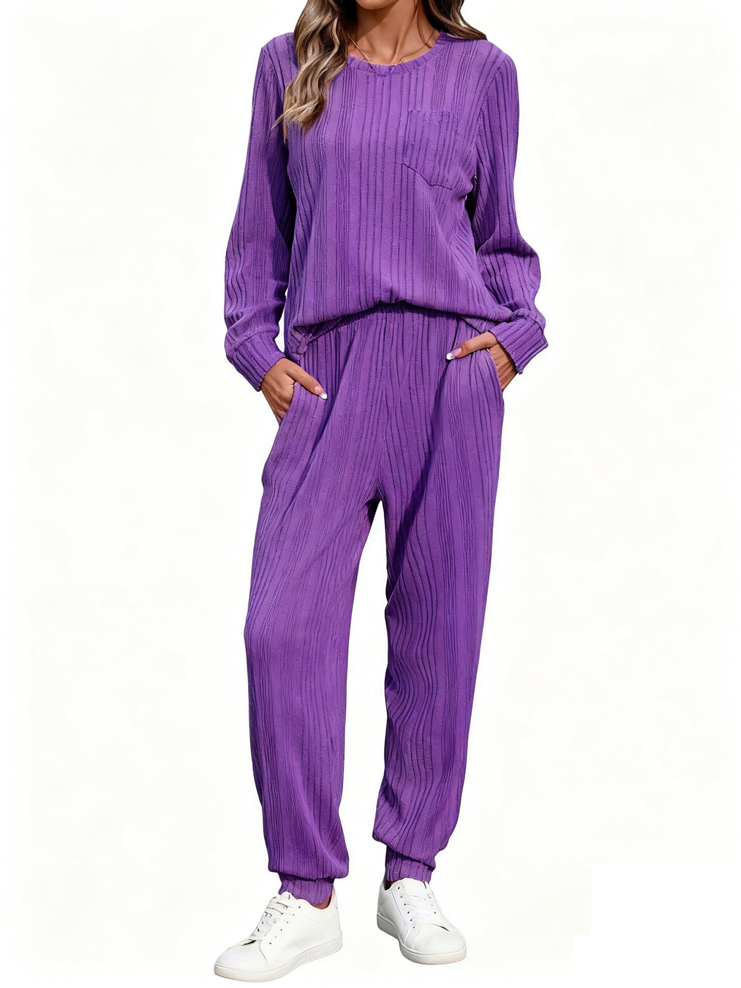 UVN Two Piece Sets for Women Casual Outfits Sets Textured Long Sleeve Shirts and Long Pants Lounge Set Fall Pajama Sets with Pockets