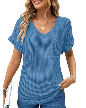 UVN Womens Summer Tops Short Sleeve V Neck Blouses Ladies Casual Waffle Knit Trendy Tunic Shirts