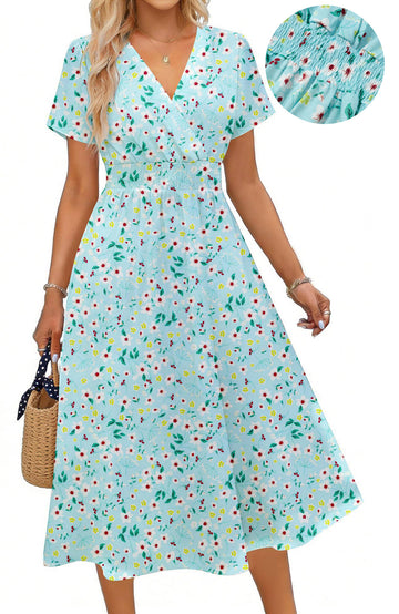 UVN Women Summer Dresses Short Sleeve V Neck A-Line Midi Dress Ladies Boho Beach Floral Print Sundress