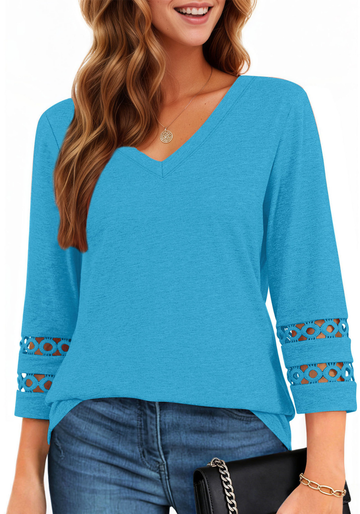 UVN Summer Tops for Women V Neck 3/4 Sleeve Tunic Blouses Ladies Casual Hollow Out Trendy T Shirts