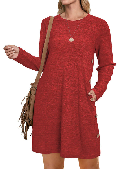 UVN Fall Dresses for Women Long Sleeve Casual Winter Dress with Pockets Buttons Side Tunic Dress