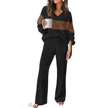 UVN Outfit Sets for Women Two Piece Sets Winter Casual Long Sleeve Tops and Long Pants Lounge Sets Ribbed Knit Pajama Sets with Pockets