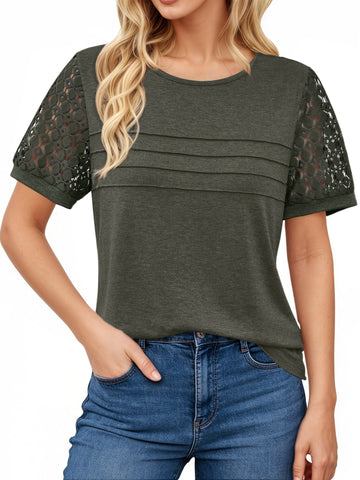 UVN Blouses for Women Lace Short Sleeve Shirts Summer Casual Dressy Crewneck Pleated Tunic Tops