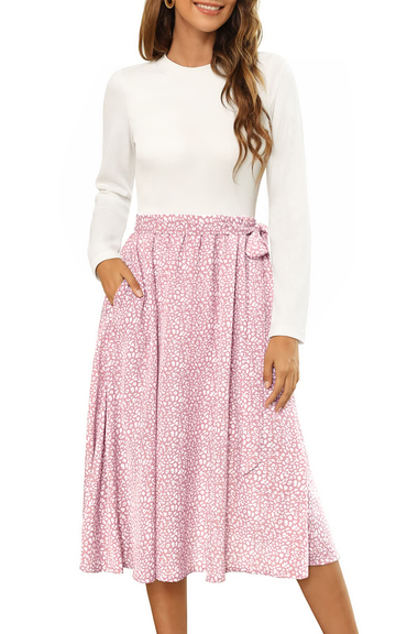 UVN Fall Dresses for Women Long Sleeve Crewneck Ribbed Casual Dress Ladies Floral Print Midi Dresses with Pockets