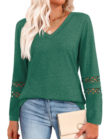 UVN Fall Blouses for Women Long Sleeve V Neck Tunic Tops Casual Hollow Out Curved Hem Dressy Shirts