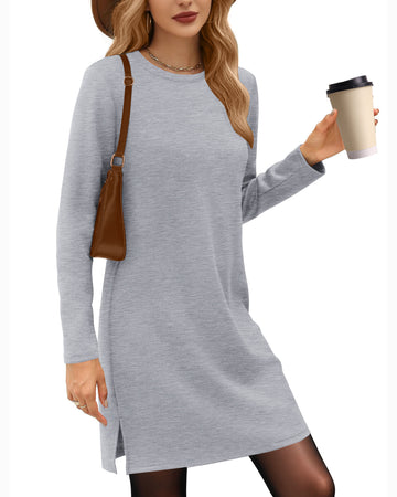 UVN Dresses for Women Fall Winter Long Sleeve Crewneck Casual Pullover Sweatshirt Dress with Side Split