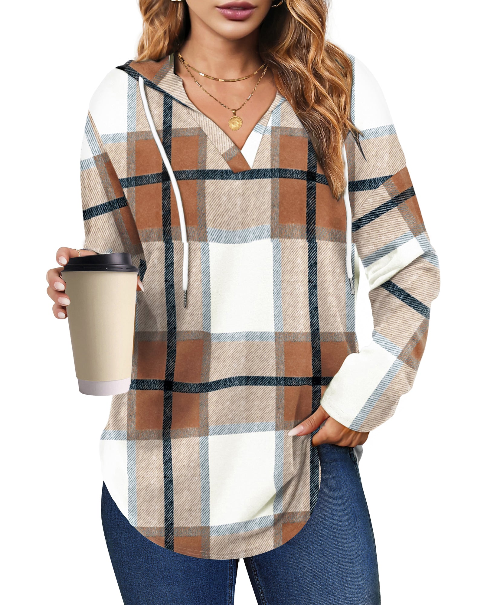 UVN Fall Hoodies for Women Long Sleeve V Neck Hooded Sweatshirts Ladies Loose Casual Drawstring Pullover Tops