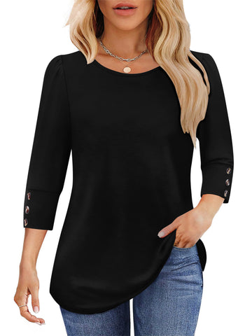 UVN Summer Womens Blouses Crew Neck 3/4 Sleeve with Button Shirts for Women Loose Fit Tunic Tops