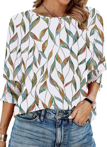 UVN Crewneck Blouse for Women Summer 3/4 Sleeve T-Shirts Casual Tees Ladies Loose Tops
