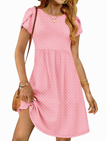 UVN Womens Summer Dresses Short Petal Sleeve Crew Neck Midi Sundress for Women A-Line Flowy Dress with Pocket