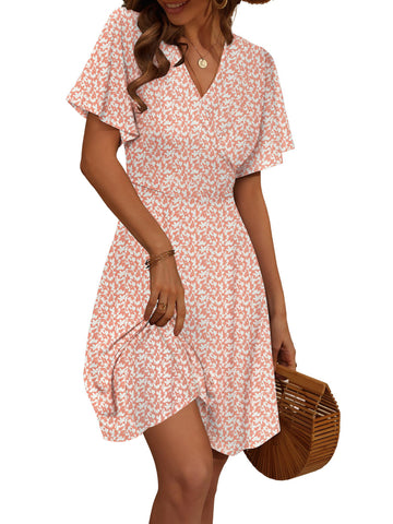 UVN Summer Dresses for Women Short Sleeve V Neck A-Line Midi Dress Boho Beach Floral Print Sundress