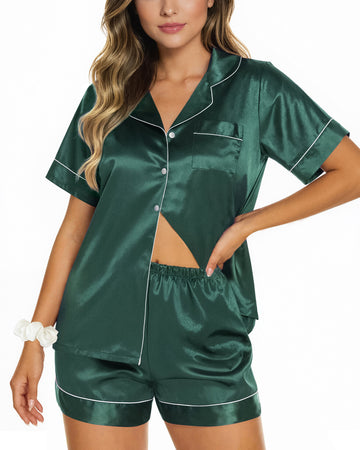 UVN Pajamas Sets for Women Short Sleeve Button Down Tops and Shorts 2 Piece Outfit Soft Satin Silk Pjs Sleepwear Loungewear