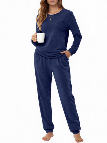 UVN Womens Velvet Pajamas Sets Winter 2 Piece Outfits Ladies Fleece Long Sleeve Sleepwear with Pockets