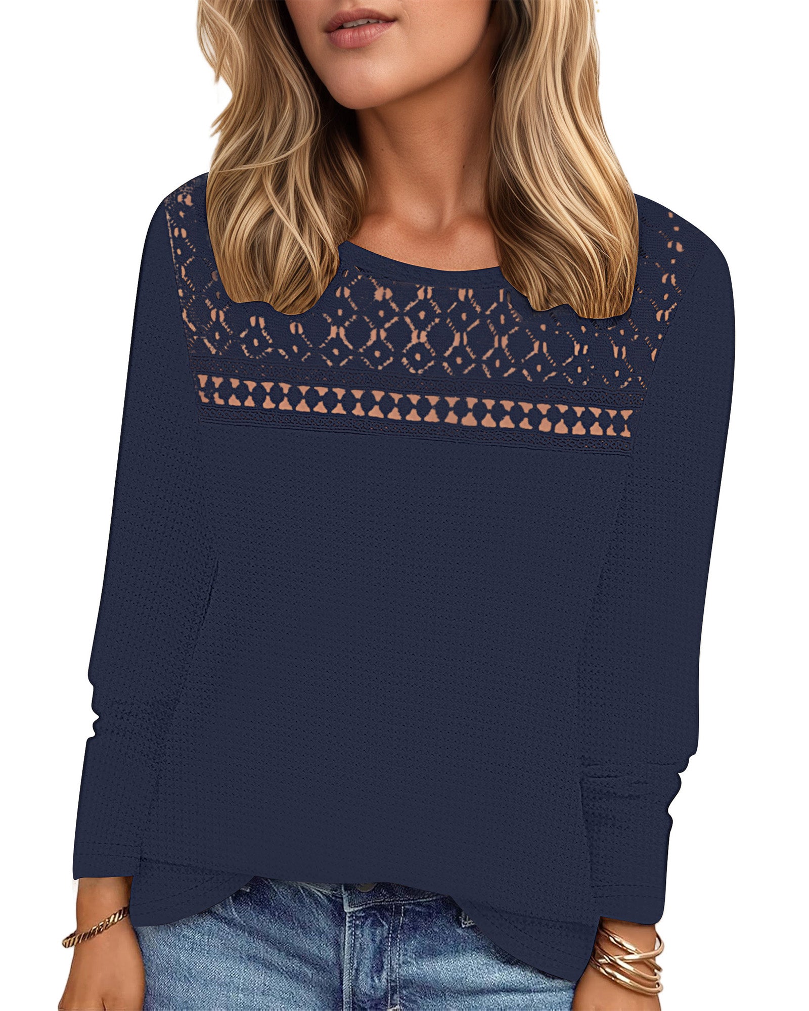 UVN Blouses for Women Fall Long Sleeve Crewneck Dressy Shirts Casual Waffle Knit Hollow Out Tunic Tops